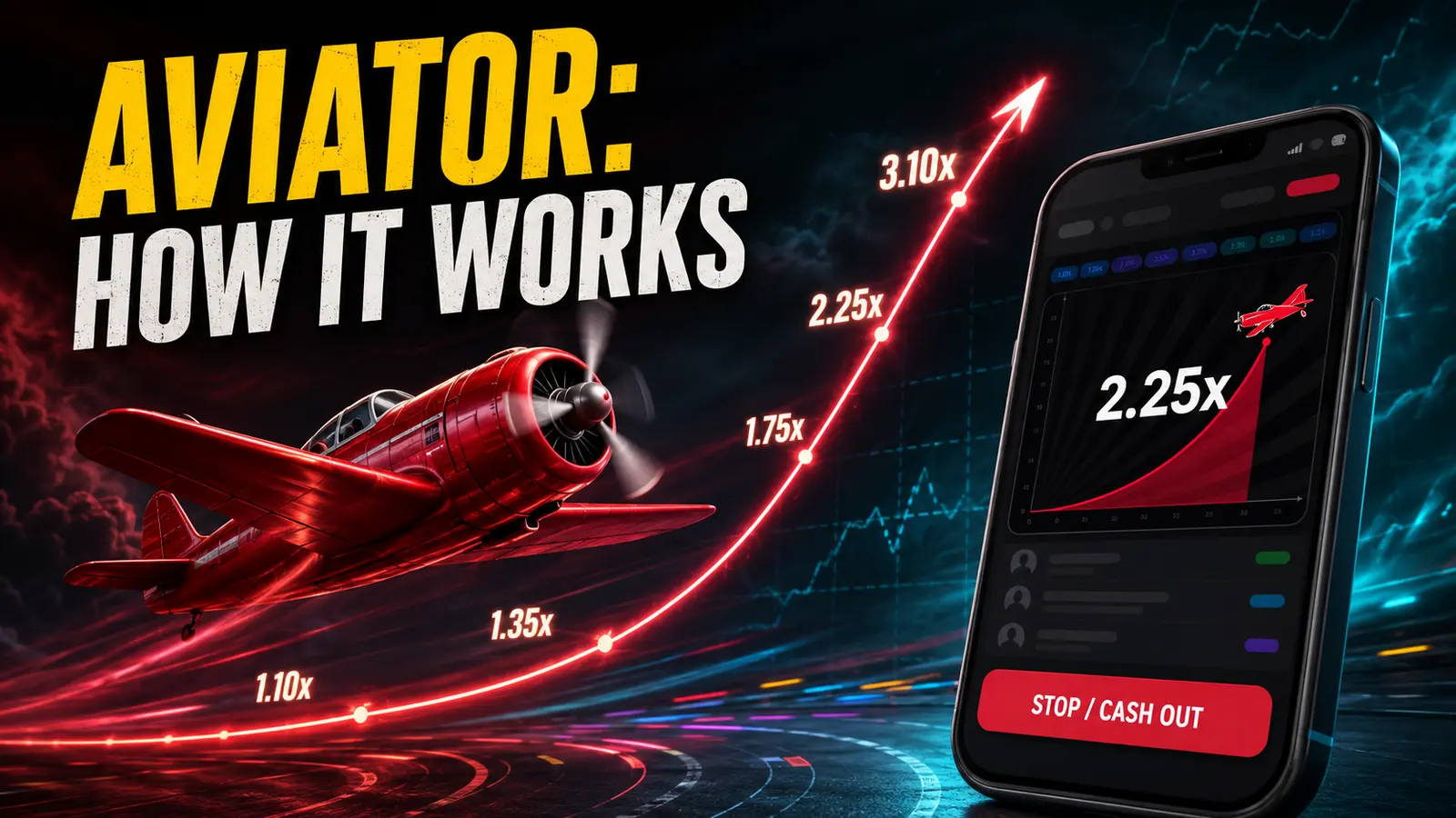 EasyBet Aviator guide showing a plane, multiplier path and cash-out button