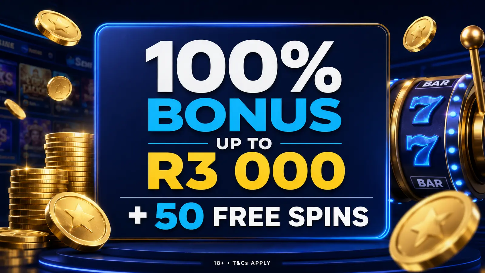 Playa Bets 100 percent first deposit casino bonus up to R3000 plus 50 free spins