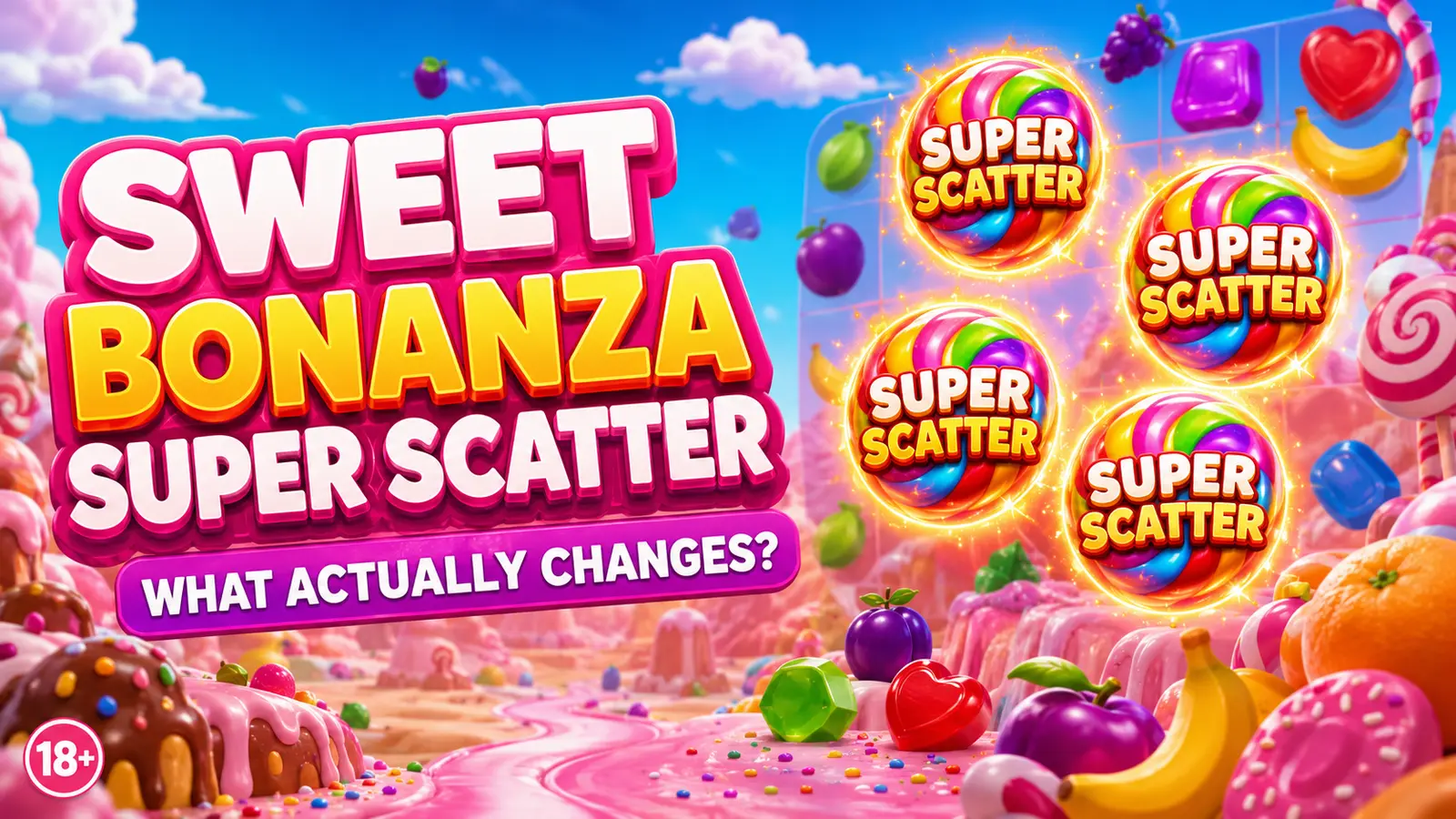 Sweet Bonanza Super Scatter Playabets review graphic asking what changes in the new slot